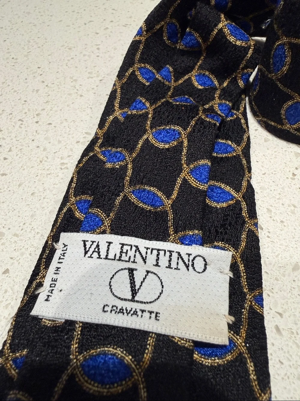 Valentino Black Silk Tie with Blue & Gold Geometric Motif - Boys length